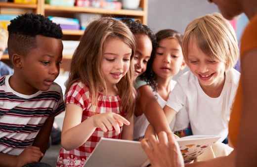 students reading together in class